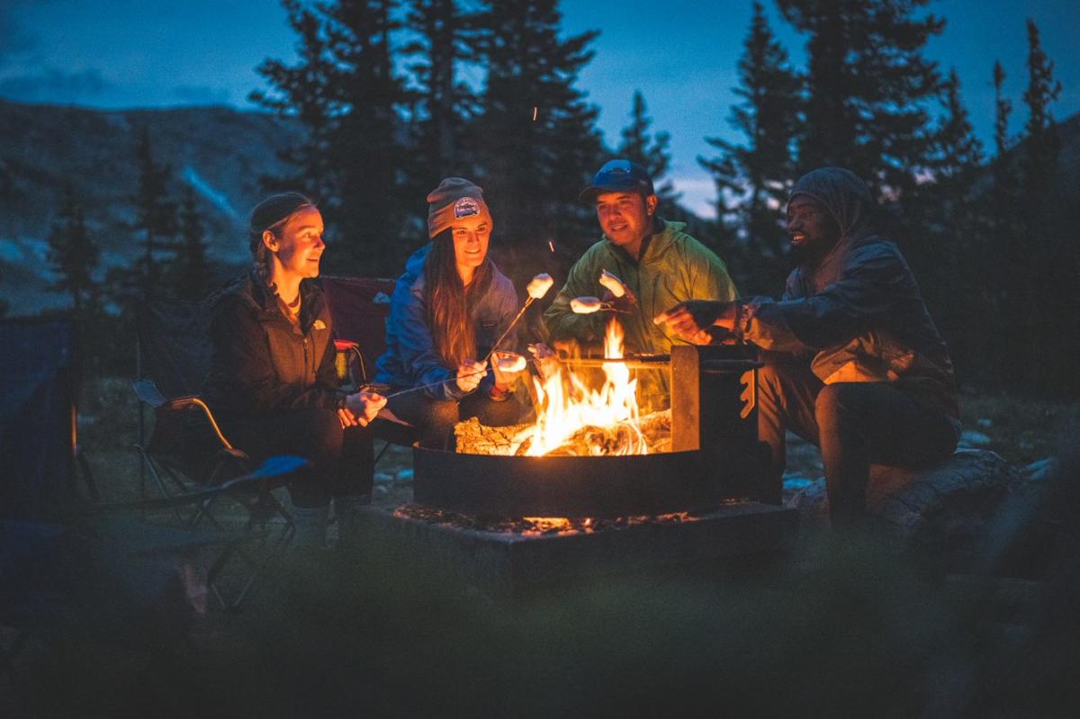 Four people roasting smores over a campfire.