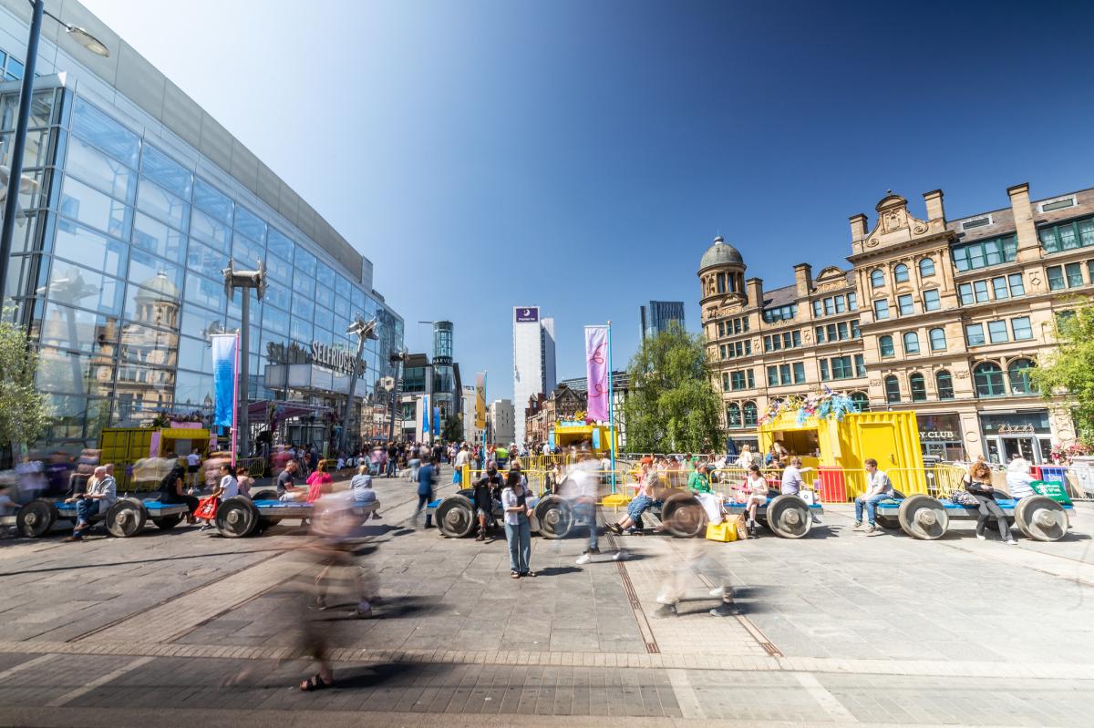 Busy exchange square in manchester