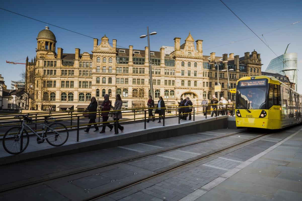 Tram at station in Manchester