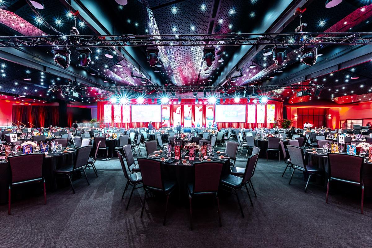 Gala event space at Victoria Pavilion set up for banquet event