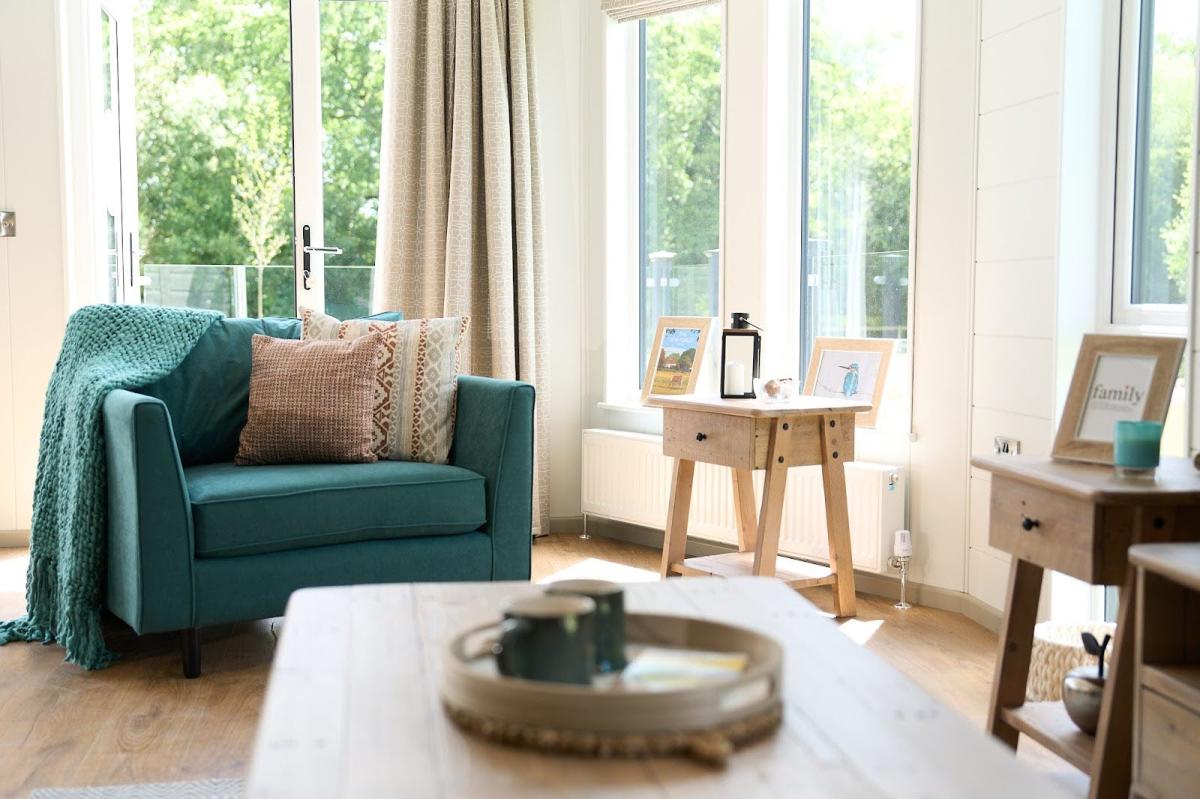 Interior of lounge at Green Hill Farm lakeside lodge