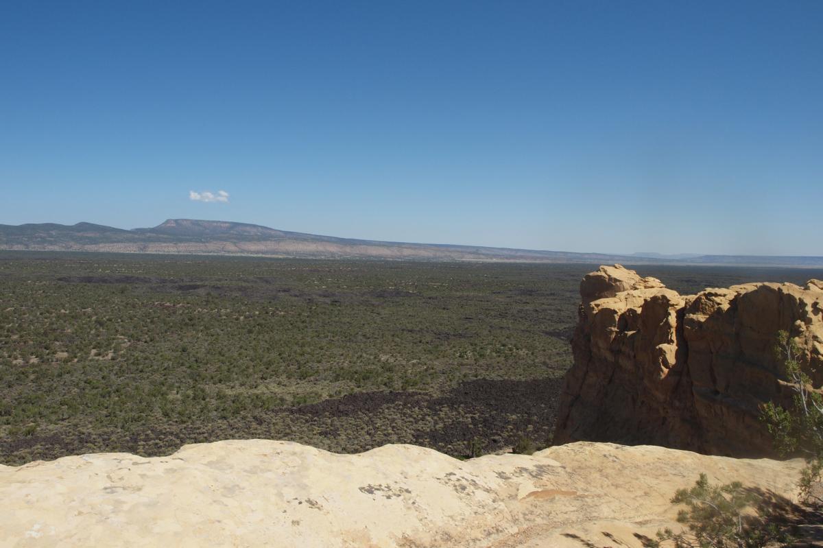 Barren rocks overlook an expanse covered in greenery with mountains in the distance