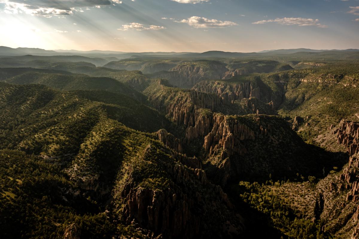 Aerial view of the Gila Wilderness at sunrise, showcasing the vast, rugged terrain and deep gorges under a glowing sky.