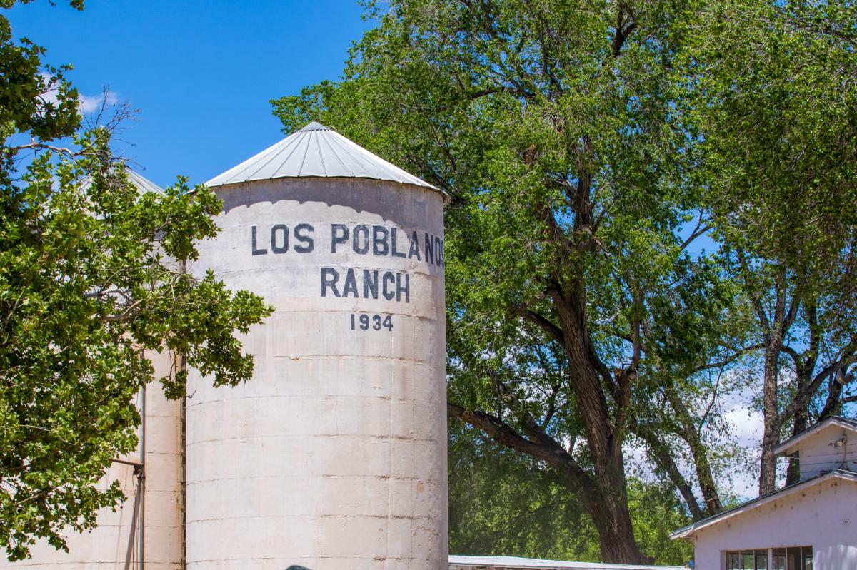 A sunny view of Los Poblanos Ranch, featuring a large white silo labeled with the ranch's name and the year 1934, surrounded by lush green trees.