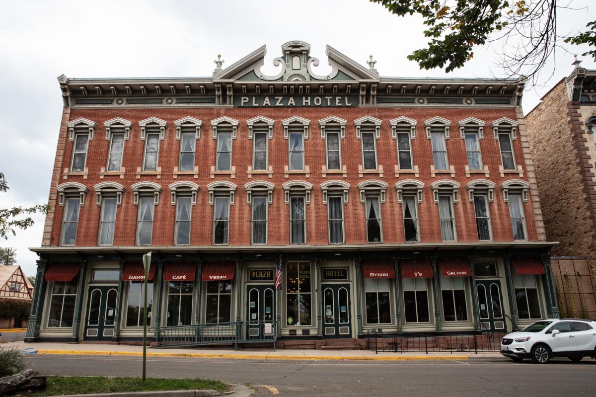An exterior view of the brick faced Plaza Hotel in Las Vegas NM