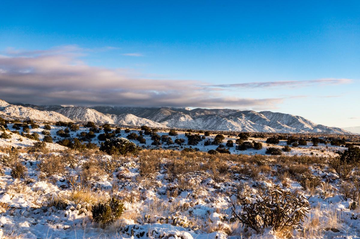 Winter scene showing snow-covered ground and distant mountains under a partly cloudy sky.