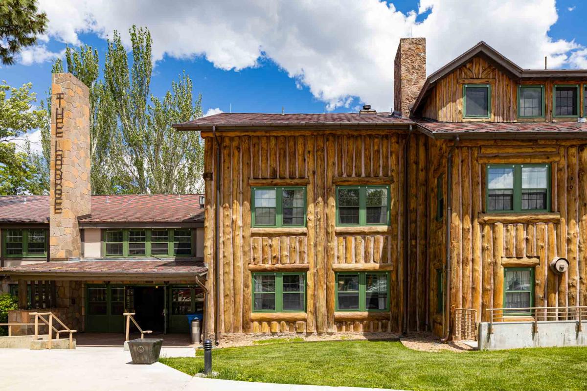 Exterior view of The Lodge, a rustic building with log construction and a prominent stone chimney under a cloud-filled sky. Green grass and trees surround the structure.