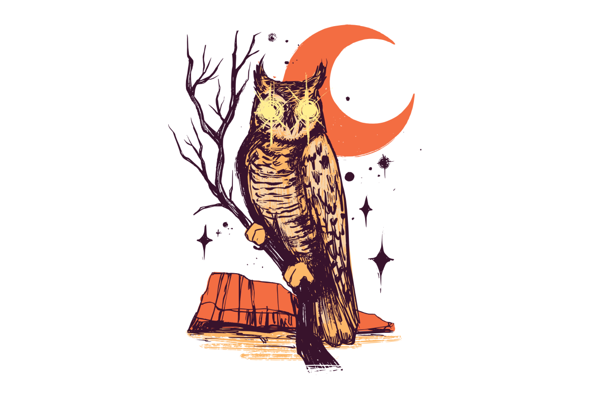 Illustration of an owl perched on a branch, glowing eyes, against an abstract orange moon and starry night sky.