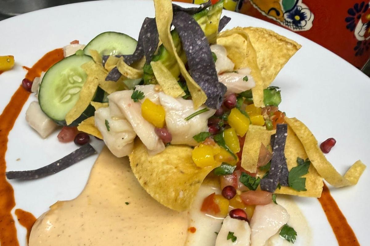 Plated ceviche with tortilla chips, diced mango, cucumber slices, pomegranate seeds, and colorful garnishes.