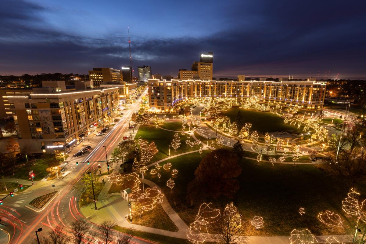 Aerial view of all the holiday lights for Season of Lights at Midtown Crossing in Omaha.