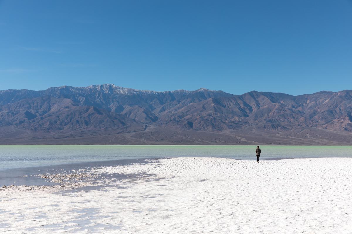 Water on Badwater Basin in Death Valley National Park in California
