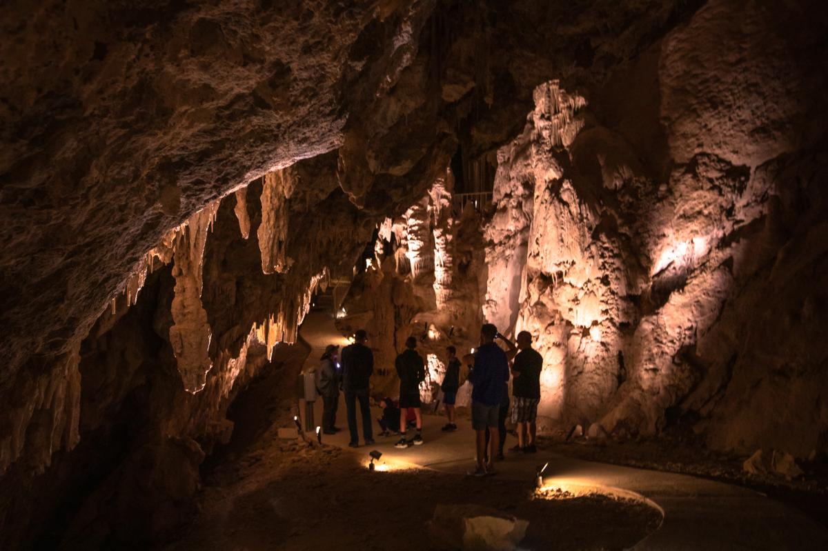 Visitors take a tour in the Mitchell Caverns, in the Providence Mountains State Recreation Area