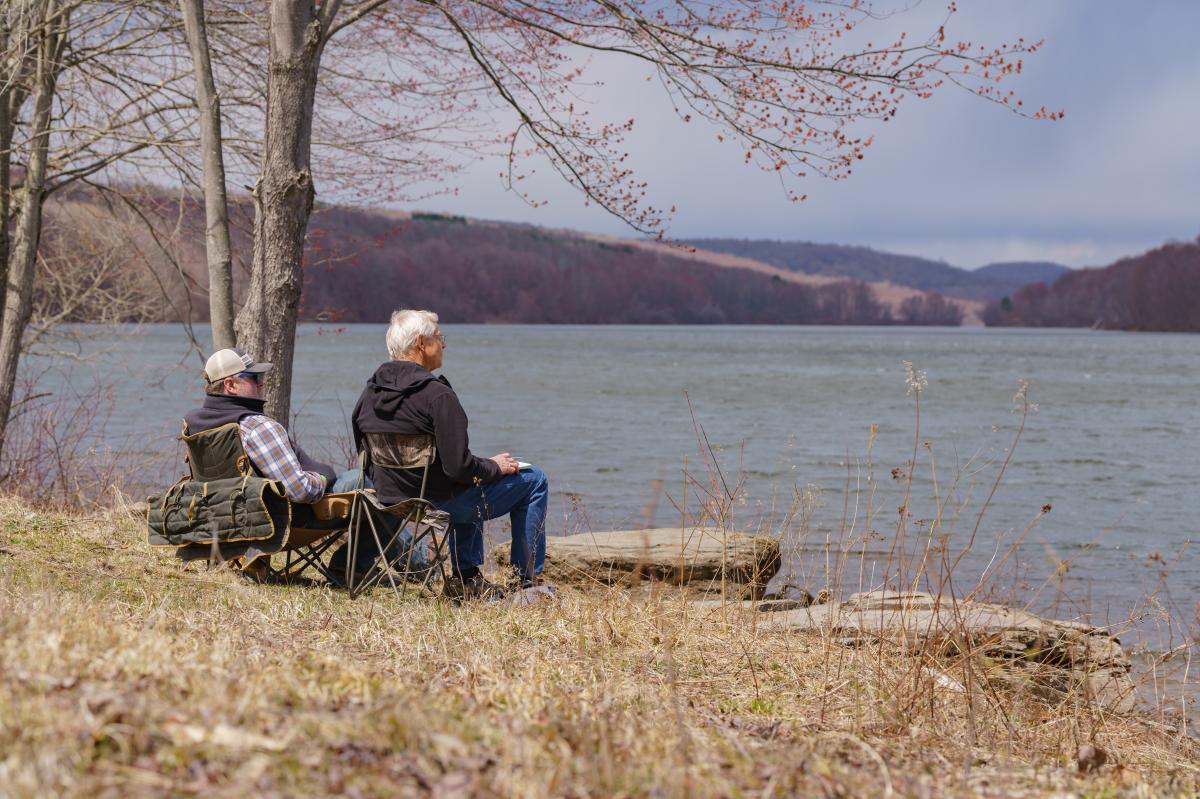 Jim and John sit at Prompton Lake