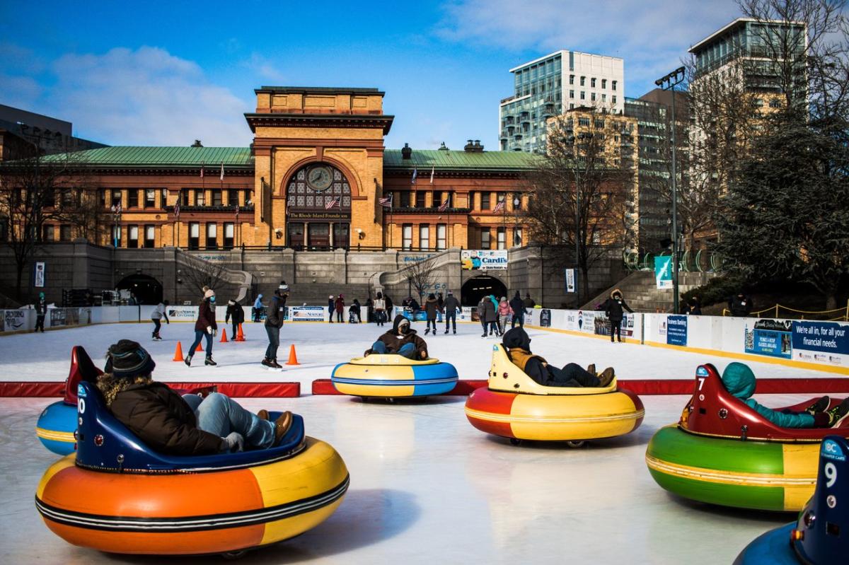 Ice bumper cars and ice skaters at BankNewport City Center