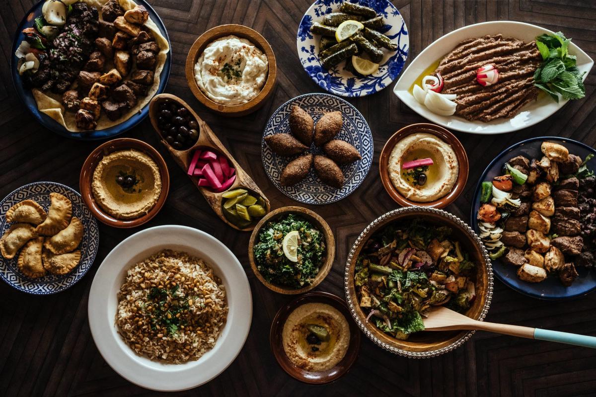 a variety of Lebanese Food on a table from Layla's Restaurant