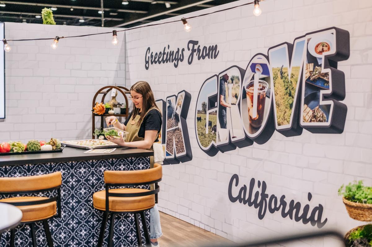 A homey booth declares "Greetings from Elk Grove California" as patrons and vendors chat together at a festival.