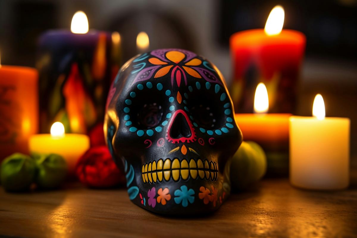A colorfully decorated skull sculpture surrounded by candles