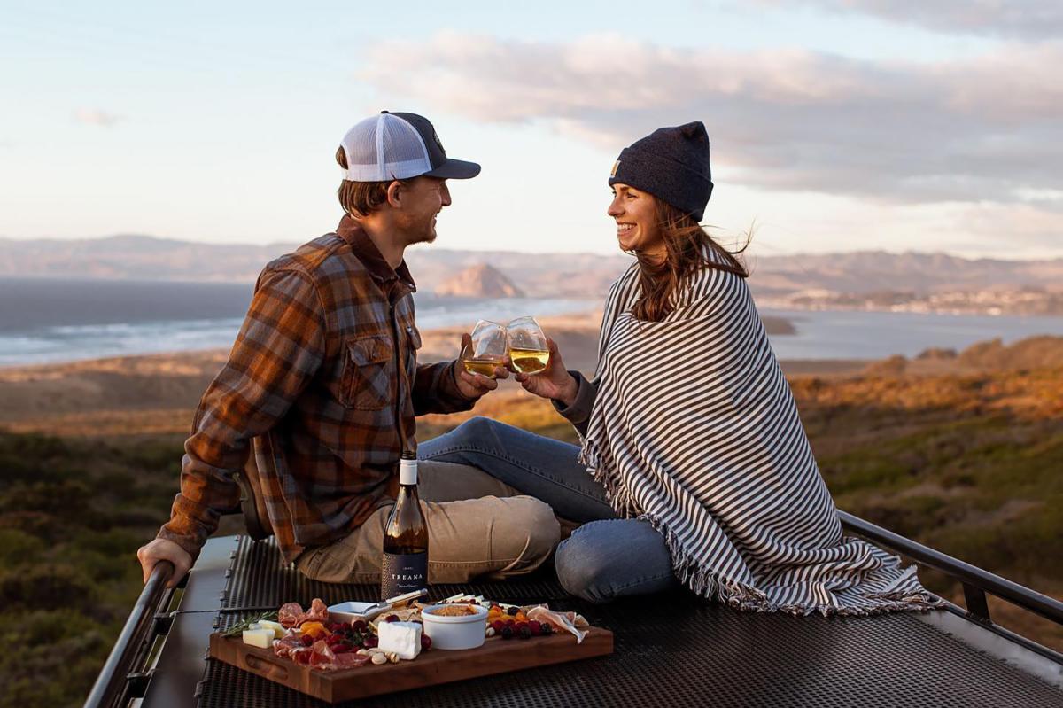 Couple enjoying wine and picnic outdoors