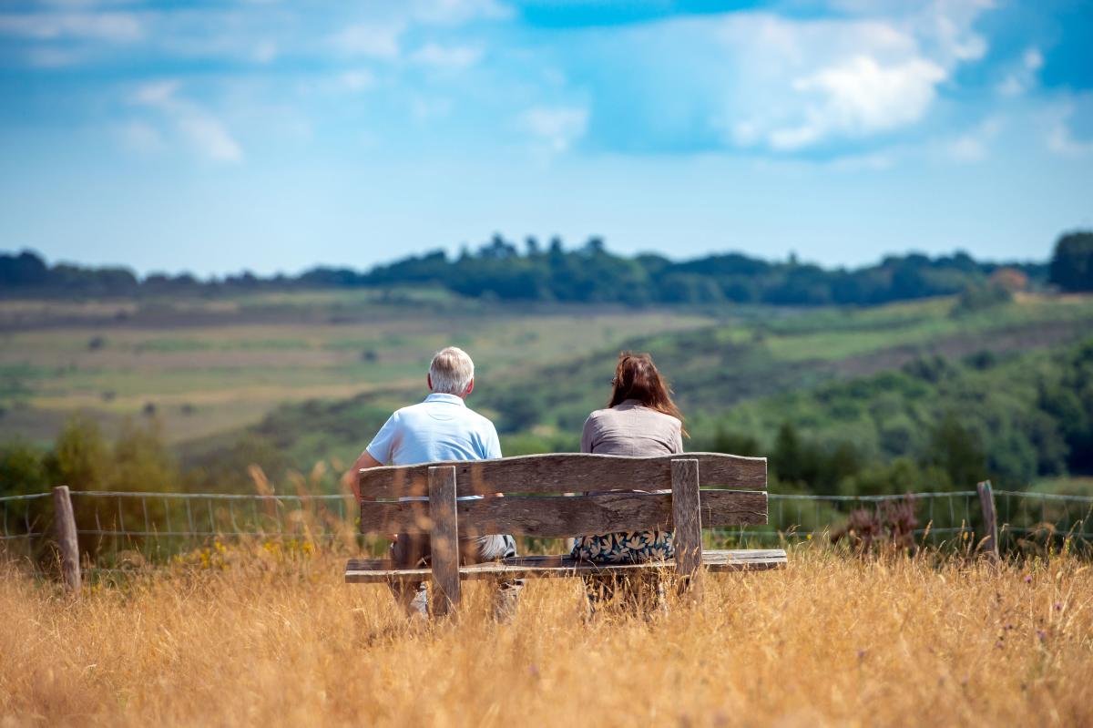 Two people sitting on a bench looking out on the rolling hills and woodland at Ashdown Forest, East Sussex