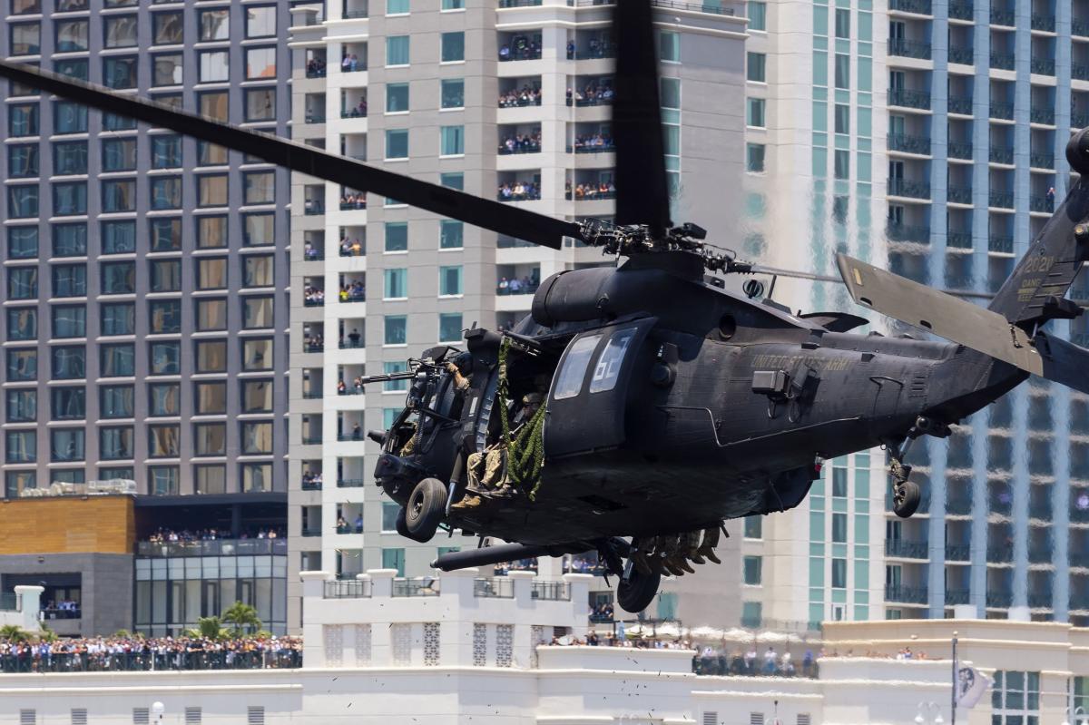 SOFIC air show helicopter demonstrating in downtown Tampa