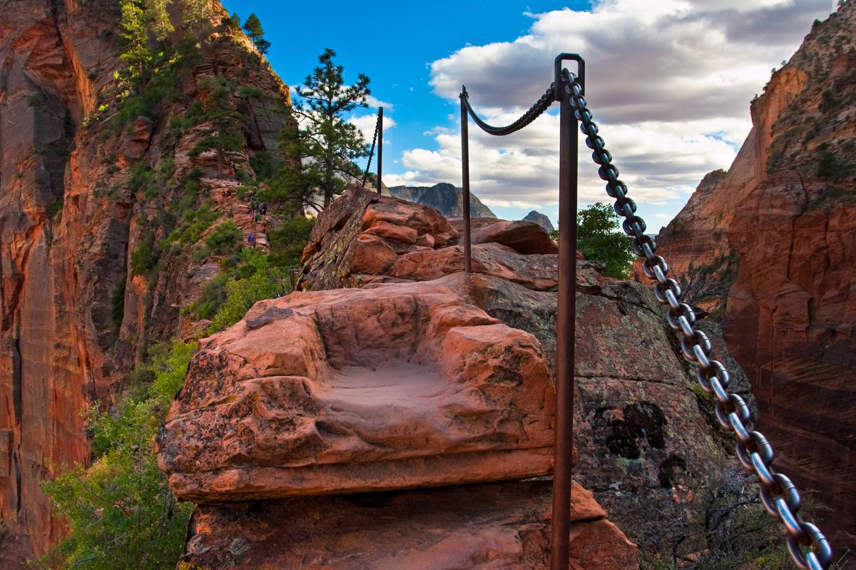 Chains to cling to on the narrowest part of Angels Landing at Zion National Park