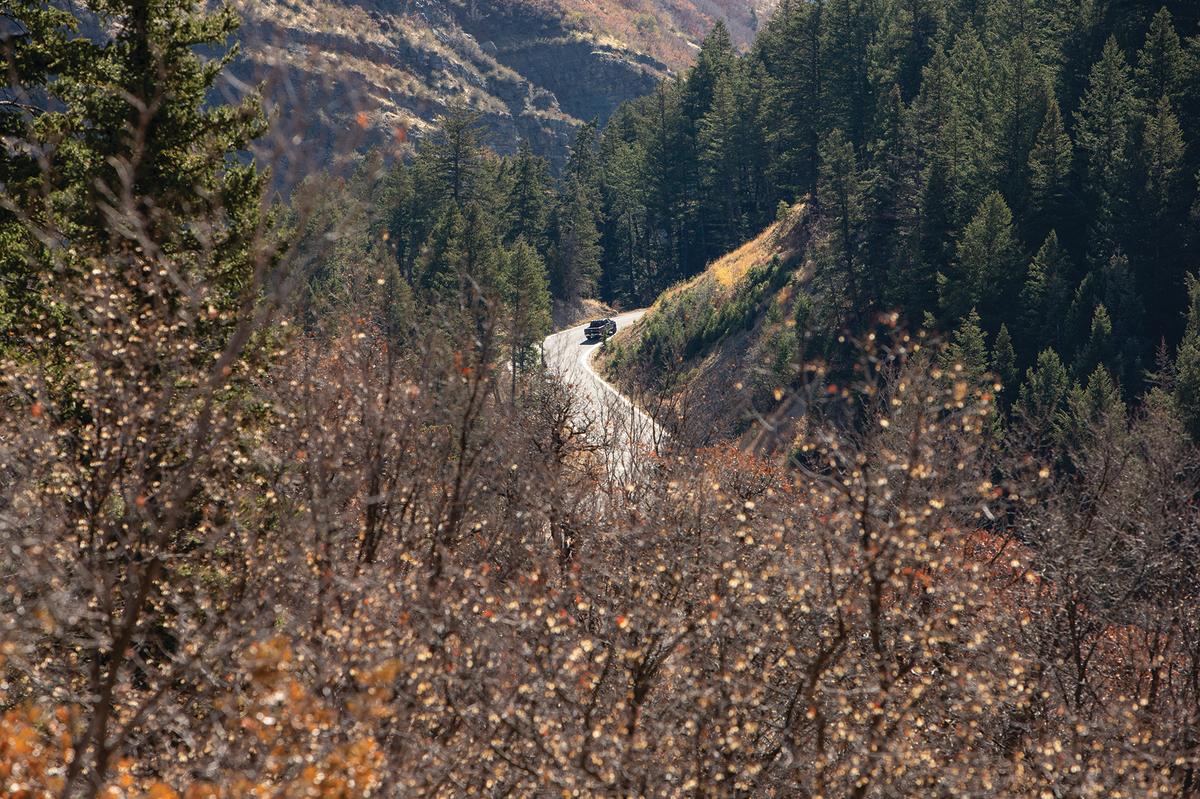 Truck driving down the Provo Canyon in the Fall Autumn Time