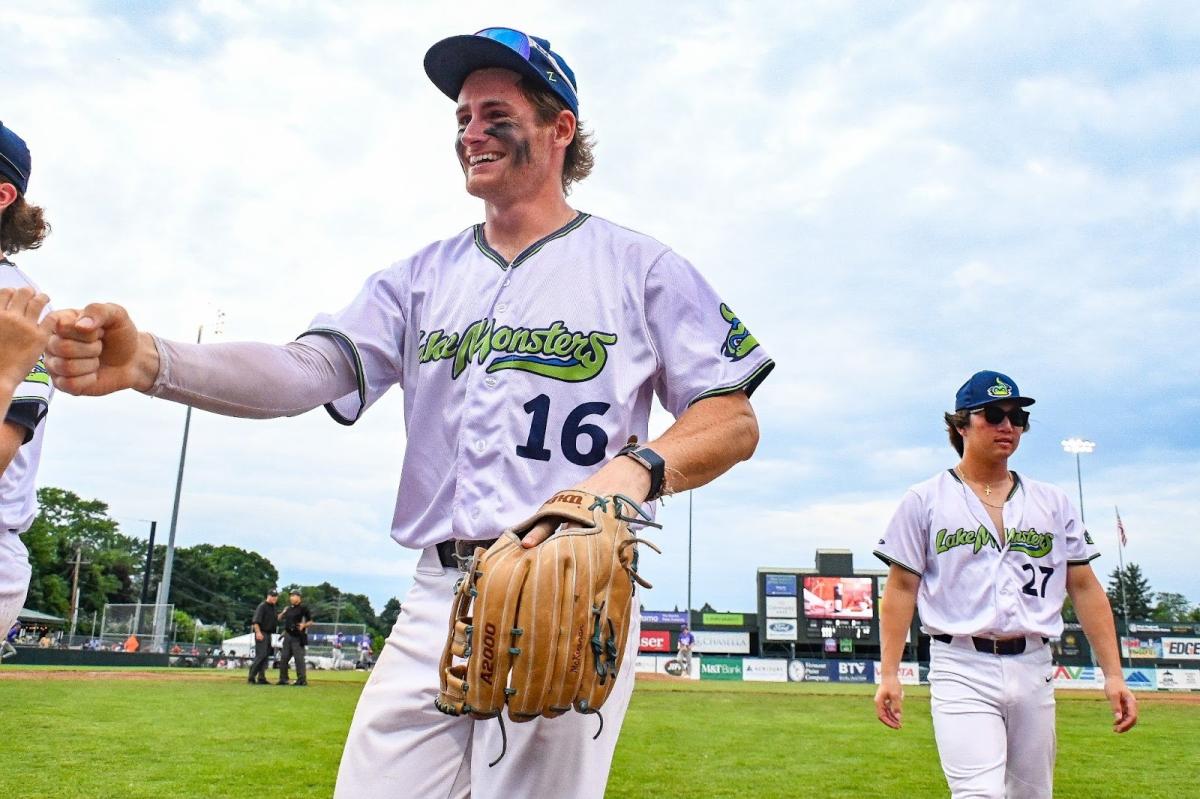 Vermont Lake Monsters playing shaking hands with teammate