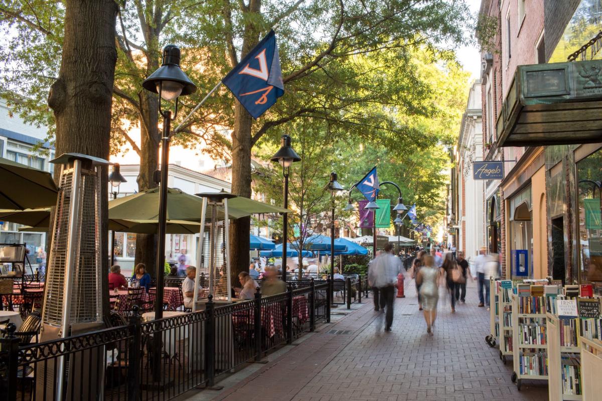 Charlottesville's Downtown Mall with University of Virginia flags