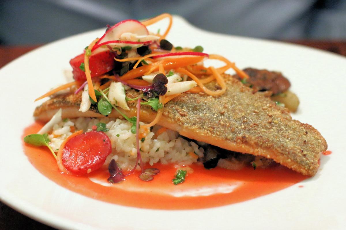 A beautiful plate of fish and rice at Shagbark Restaurant