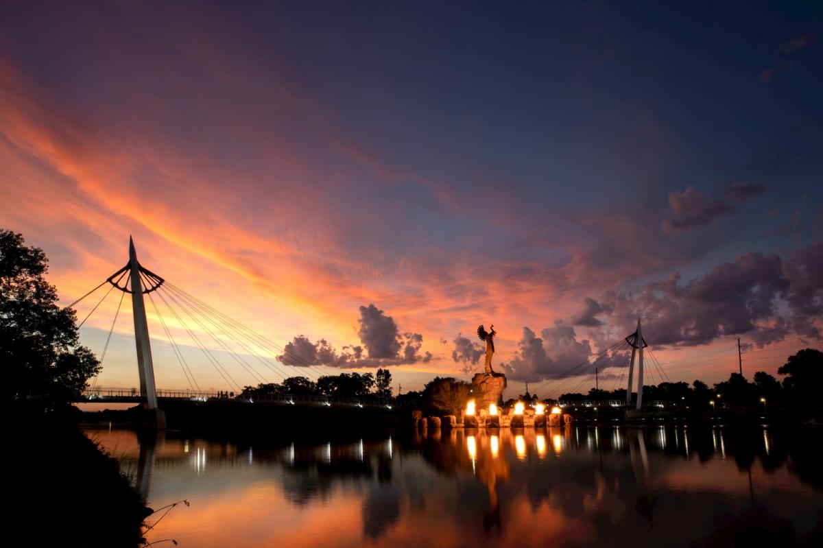 Keeper of the Plains in Wichita KS at dusk