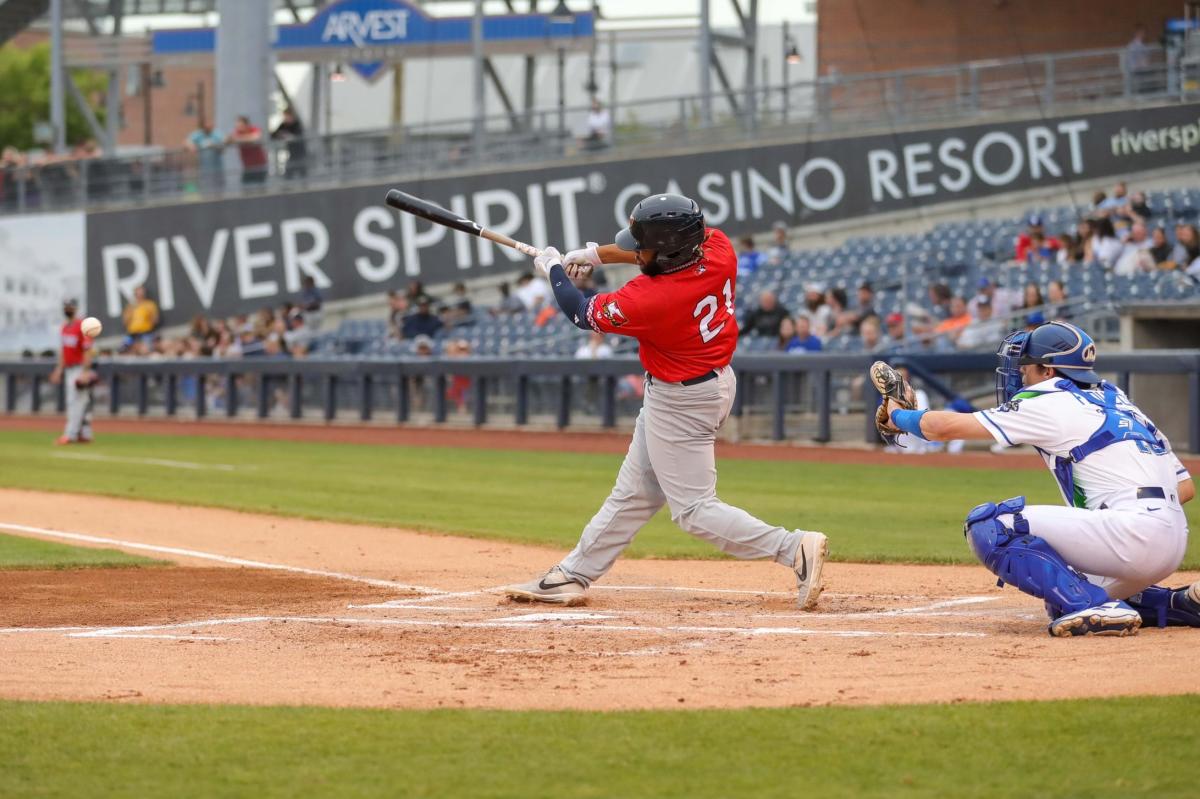 A Wind Surge player swings at a ball during a game at Equity Bank Park in Wichita.