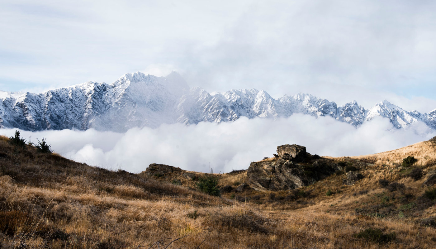 View of the snow-covered Remarkables mountain range from Queenstown Hill