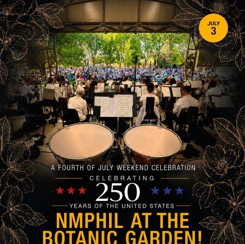 A flyer advertising the NM Philharmonic concert at the ABQ BioPark Botanic Garden.