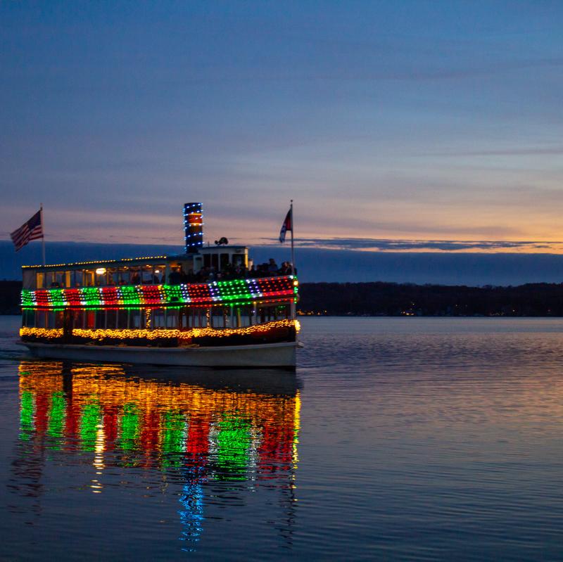 Santa Cruise boat decorated with Christmas lights