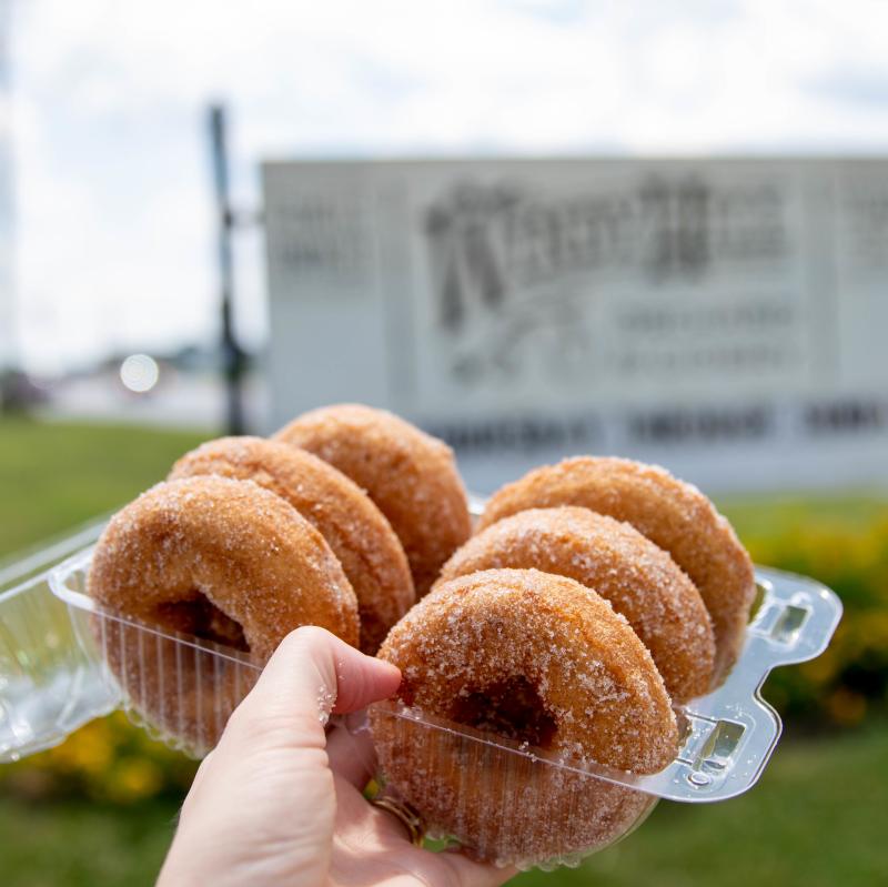 A hand holding a container of a six donuts with a blurry sign in the background