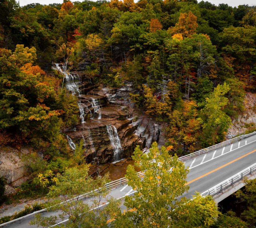 aerial view of Hector Falls on Route 414 along Seneca Lake