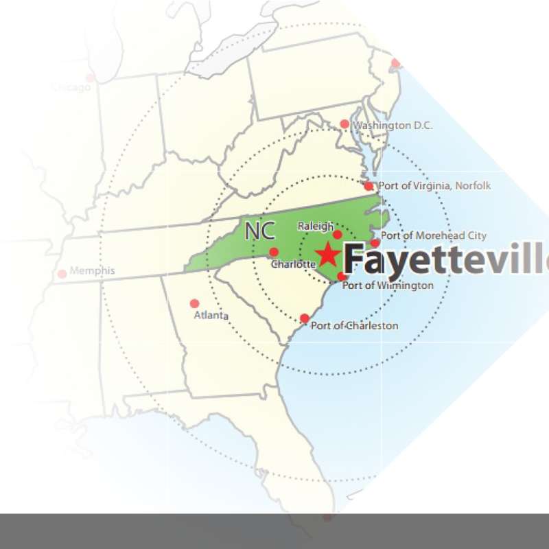 Map of East Coast highlighting Fayetteville