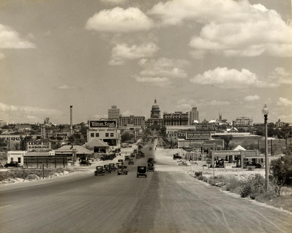 View of South Congress Avenue in 1930s looking north to the Capitol.