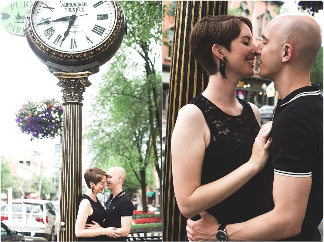 Collage of couple posing by clock on Broadway in Saratoga Springs