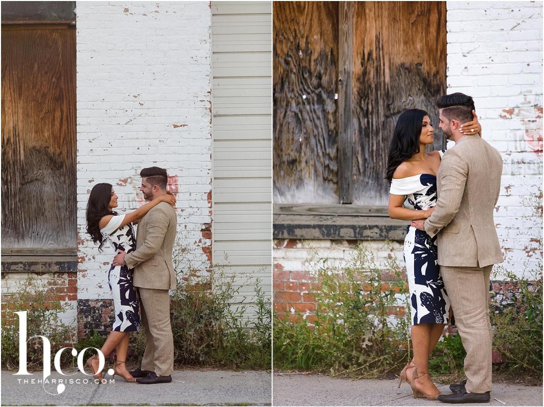 Collage of couple in back alley in Saratoga NY for engagement photo shoot