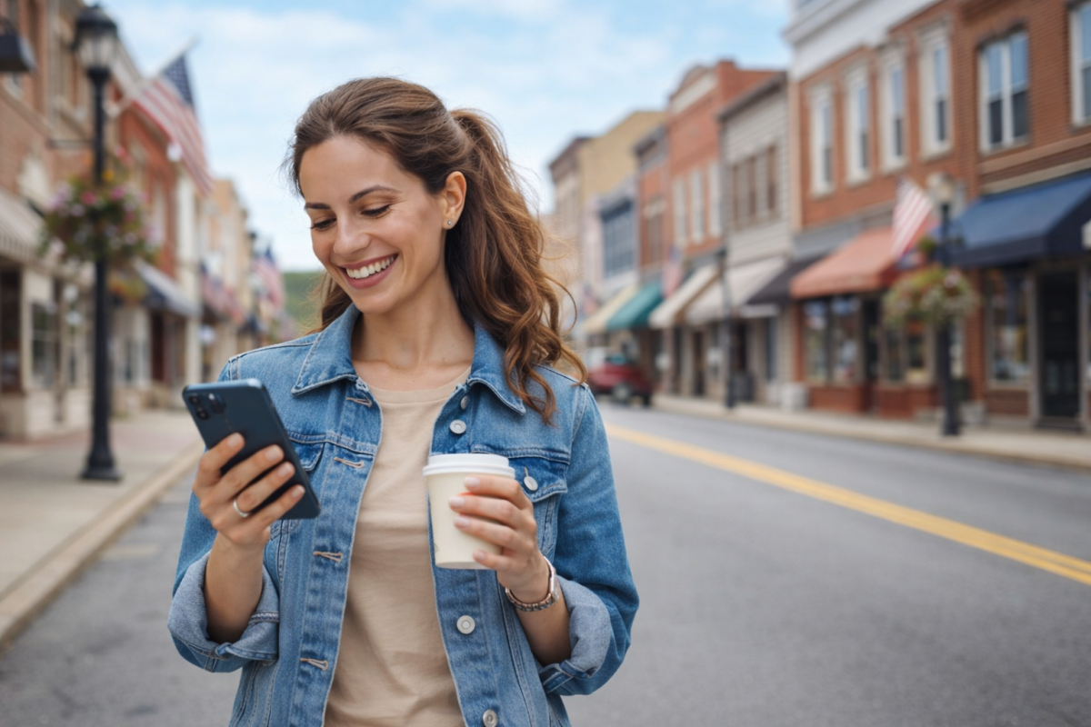 trails blog post cover - woman looking at her phone on a small town street holding a cup of coffee