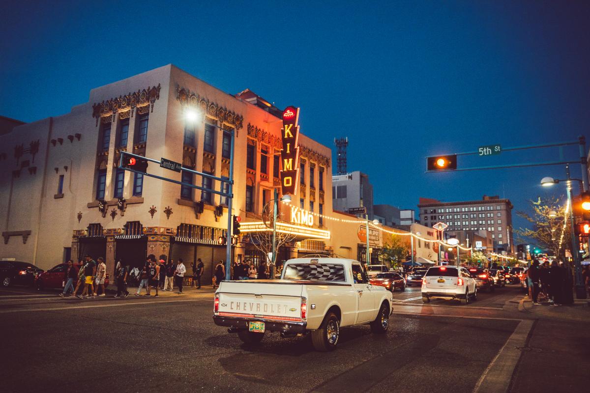 A view of the intersection at 5th St and Central in Albuquerque. The KiMo Theater is on the corner.