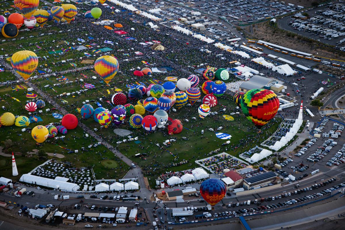 An aerial shot of Balloon Fiesta Park during Balloon Fiesta.