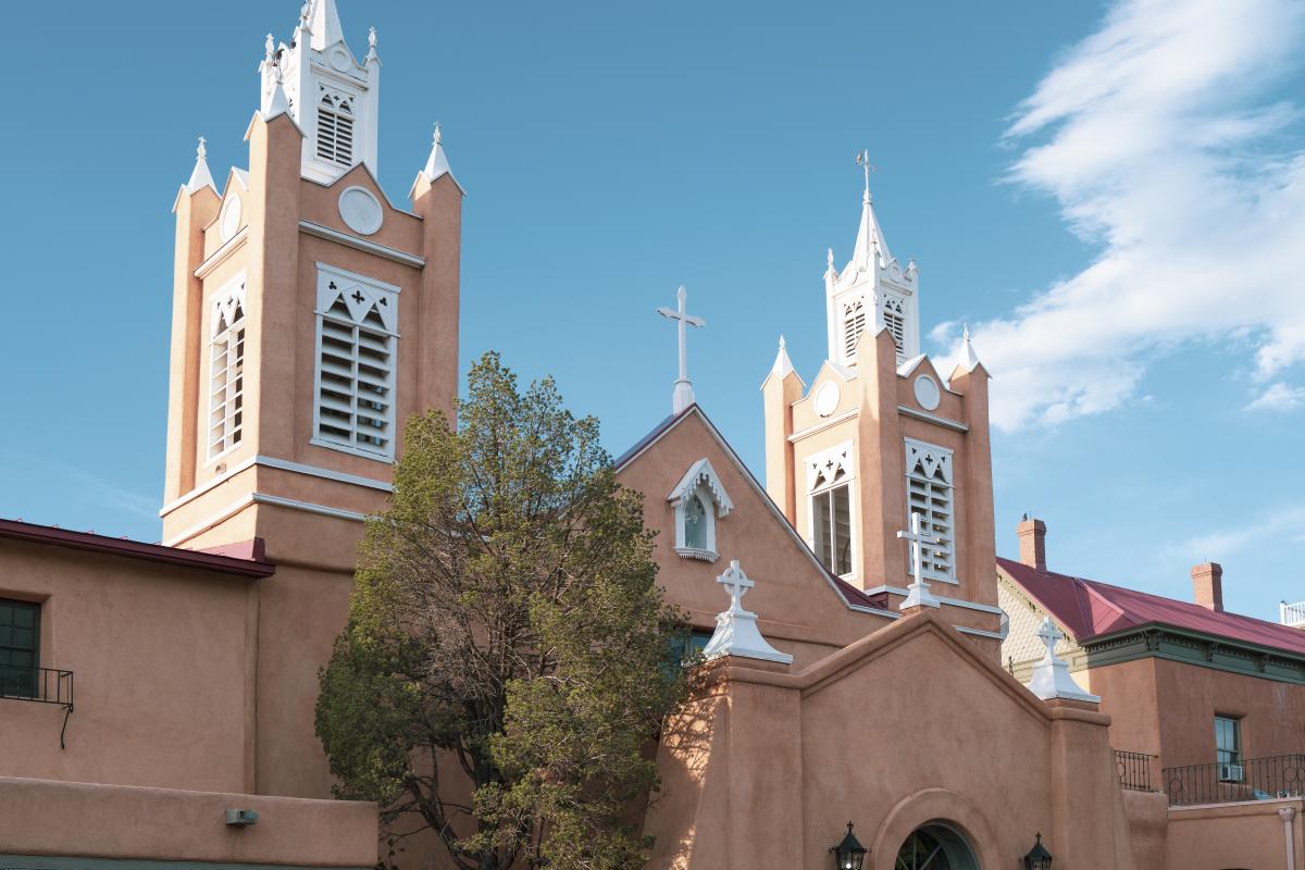 The exterior of the San Felipe de Neri church in Old Town Albuquerque