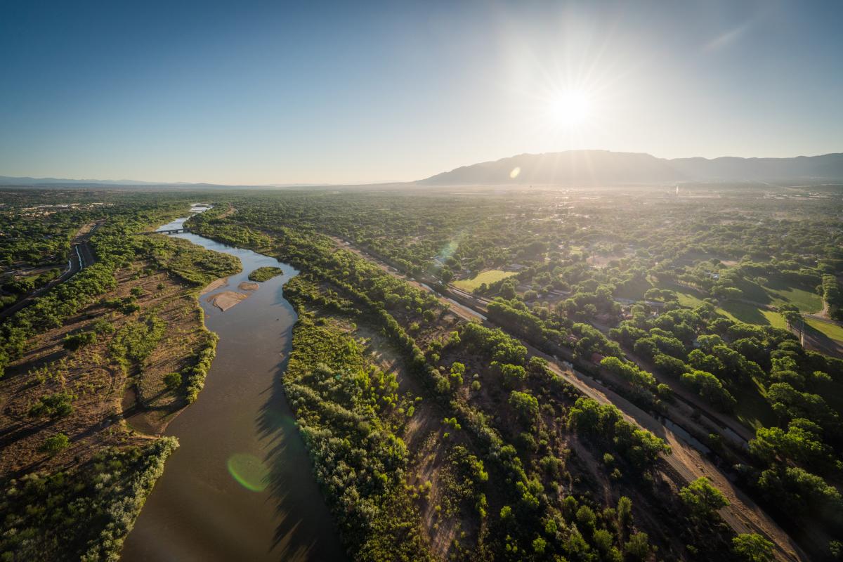 Overhead view of the Rio Grande, with greenery surrounding