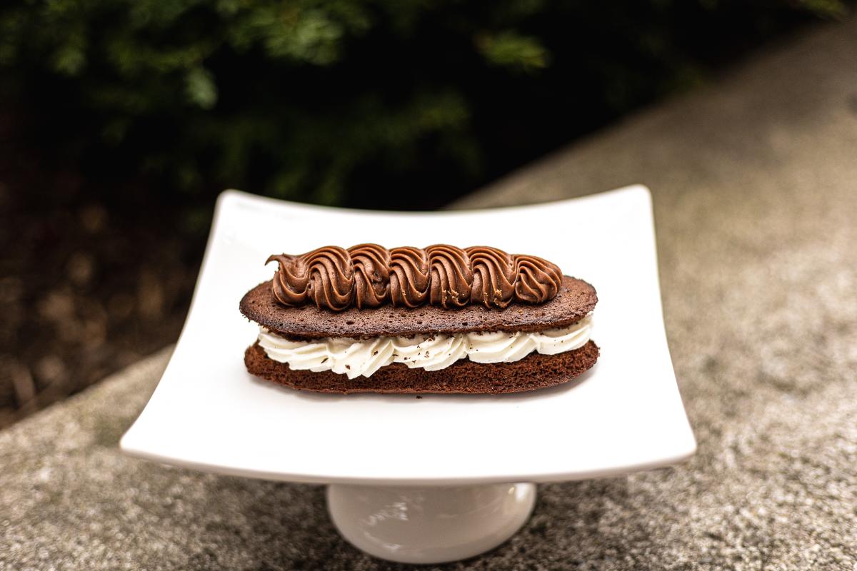 A long chocolate cake with white cream icing sitting on a white serving dish.