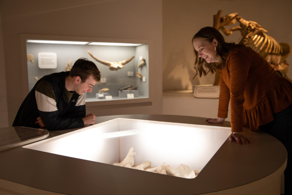 two people smiling at a museum exhibit