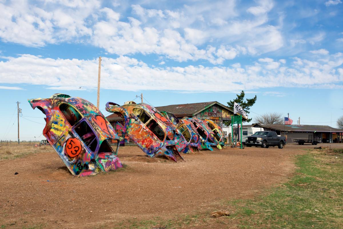 VW Beetles buried into the ground in Conway, Texas