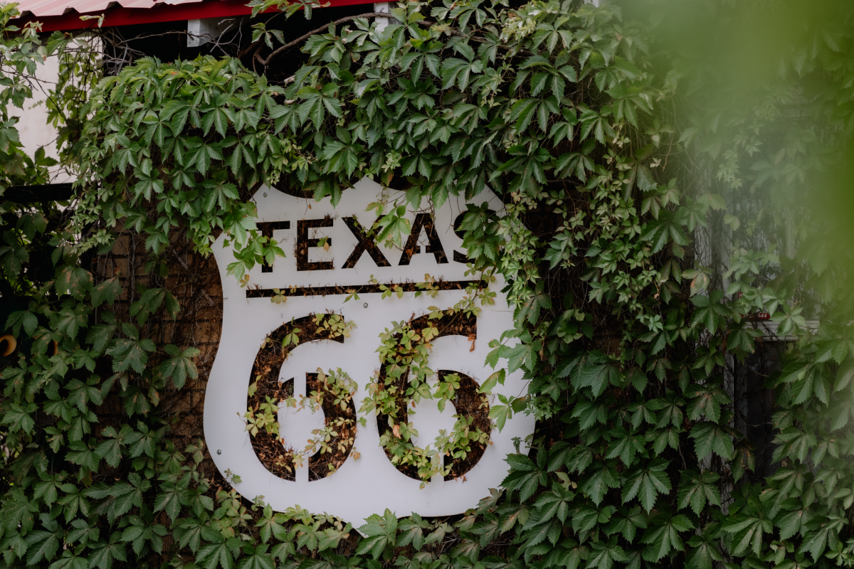 Photo of a route 66 sign covered in greenery at Texas Ivy in Amarillo, Texas