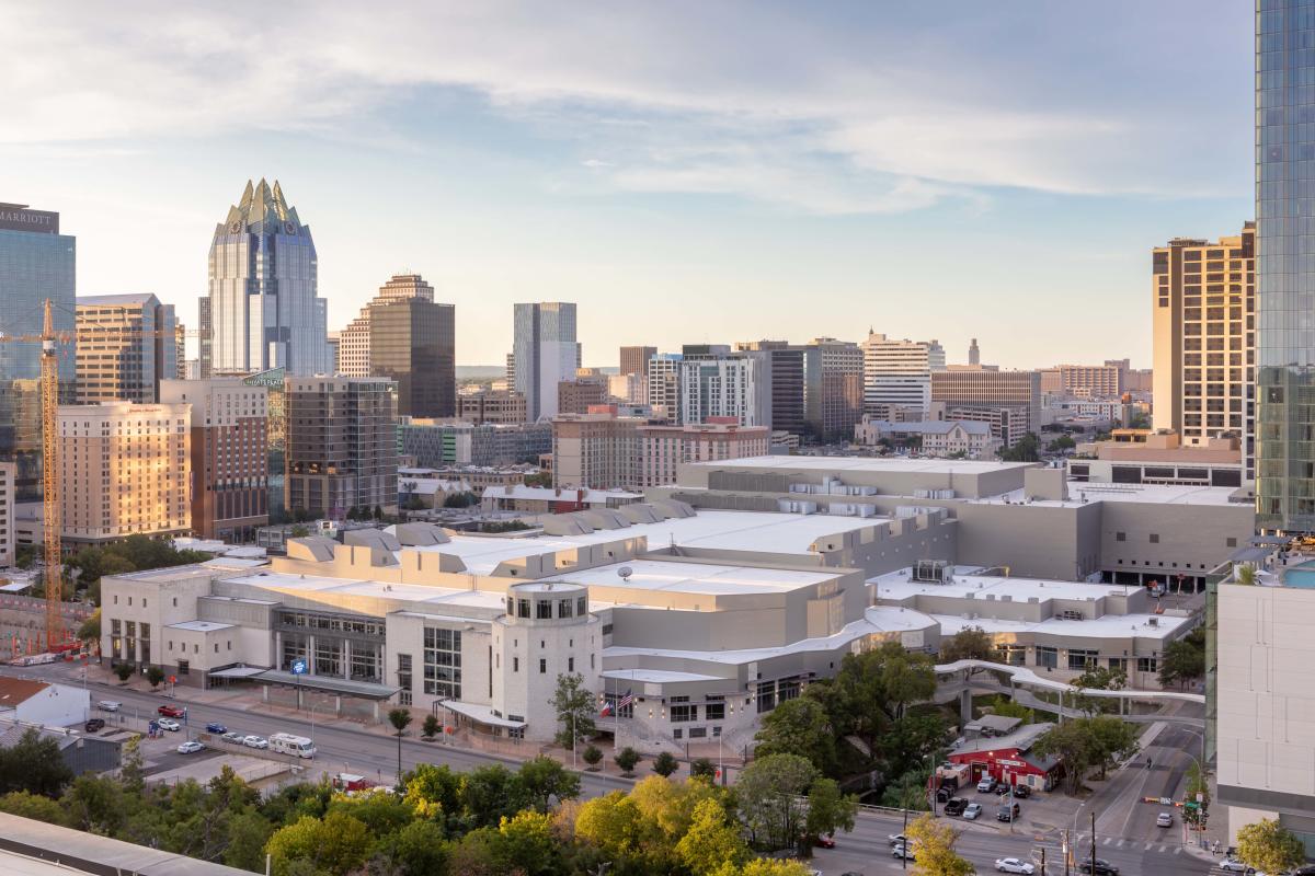 Aerial photo of the Austin Convention Center Exterior and skyline